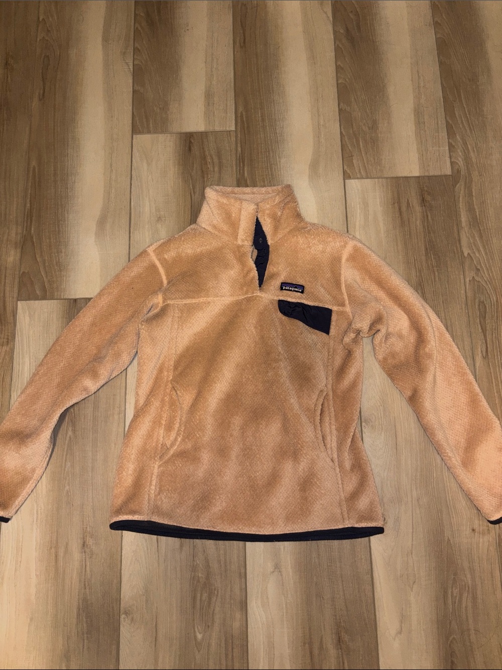 Patagonia Peach-Tan Teddy Fleece Quarter-Zip with Navy Trim
